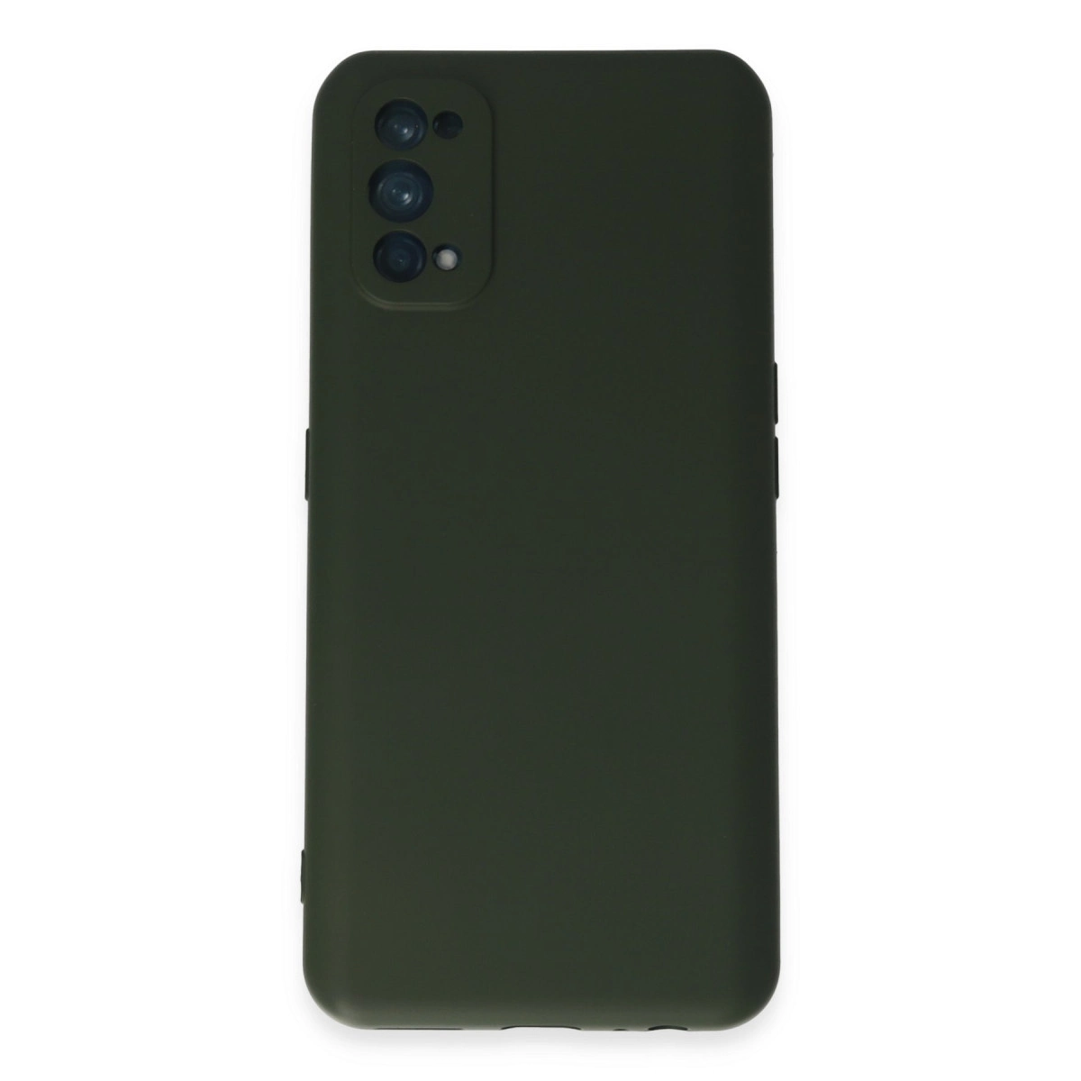 Arkada üç kamera lensli koyu yeşil telefon kılıfı.