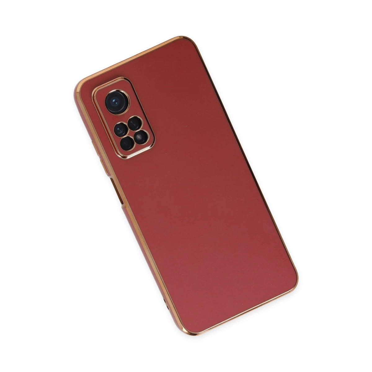 Altın kenarlı ve kamera dizili kırmızı telefon kılıfı.