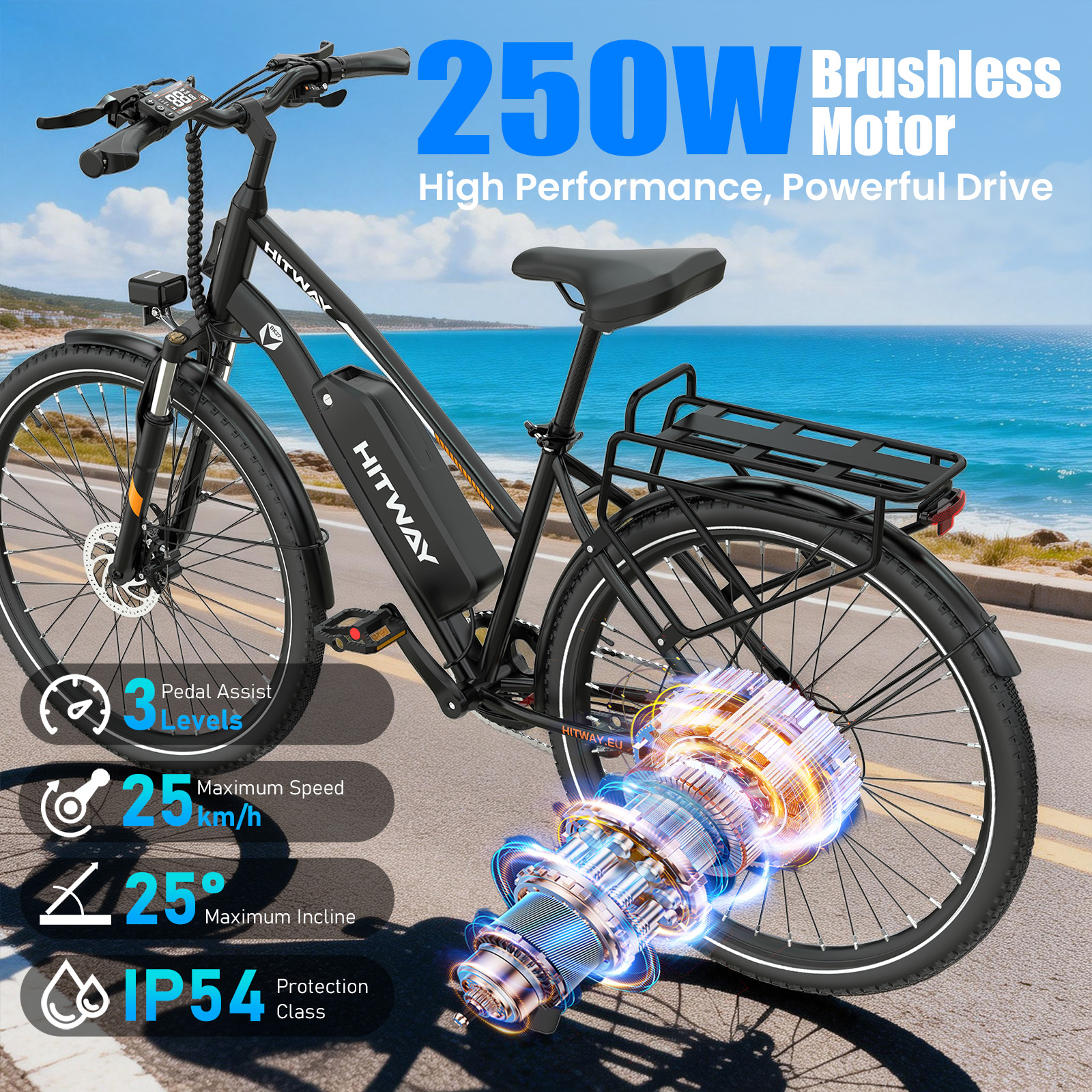 Black e-bike with 250W motor, by the sea, showing 3 pedal assist levels.