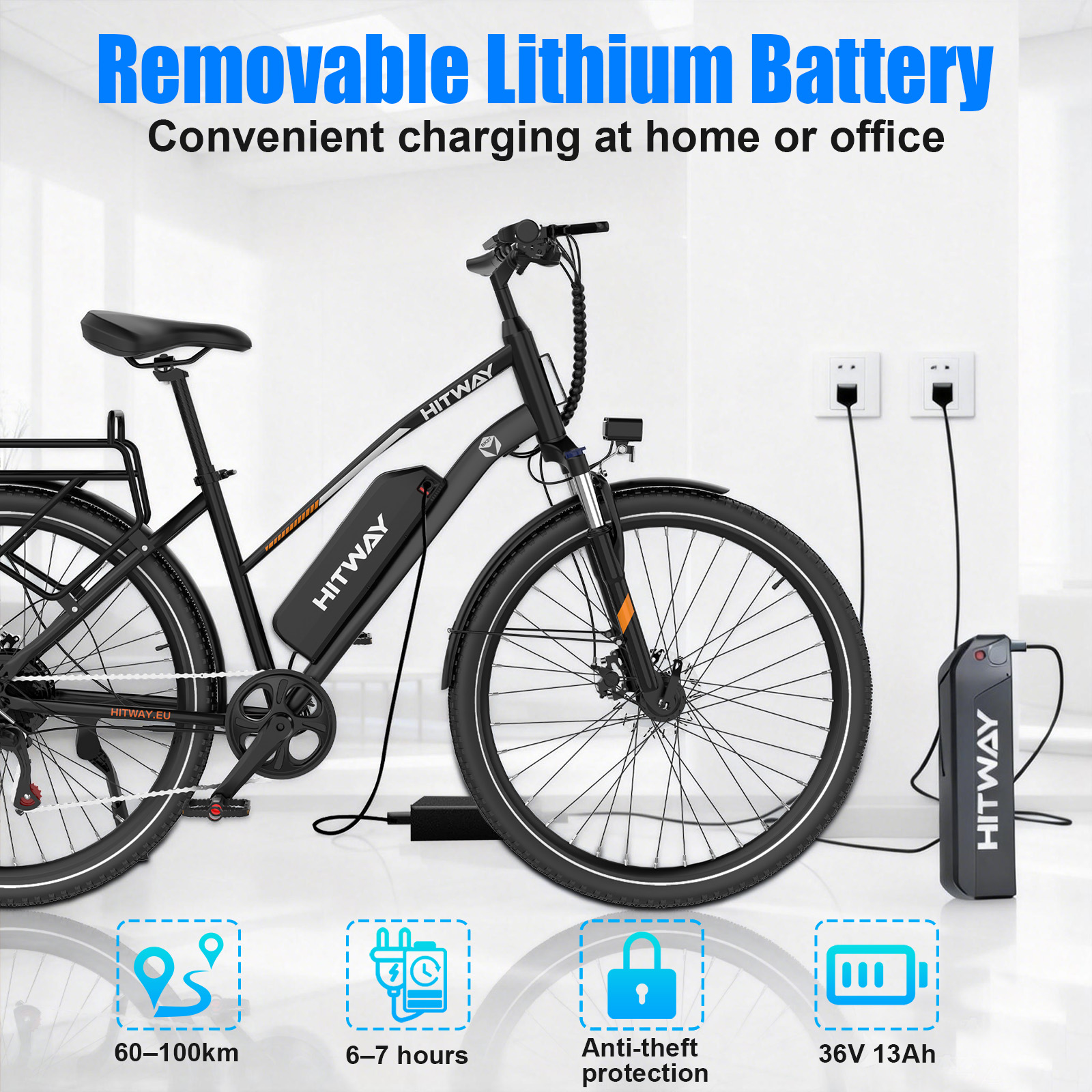 Black e-bike charging. Battery and charger visible. Range 60-100km.