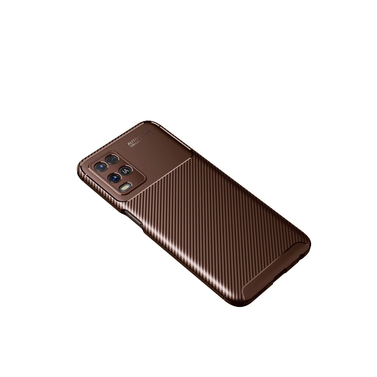 Karbon fiber dokulu, kahverengi telefon kılıfı ve kamera kesiği.