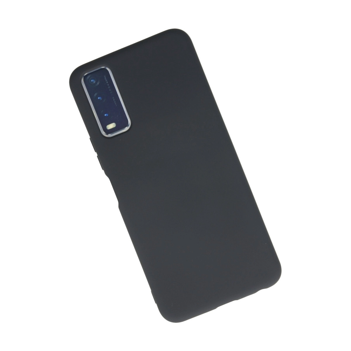 Arkada üçlü kamera ünitesine sahip siyah telefon kılıfı.