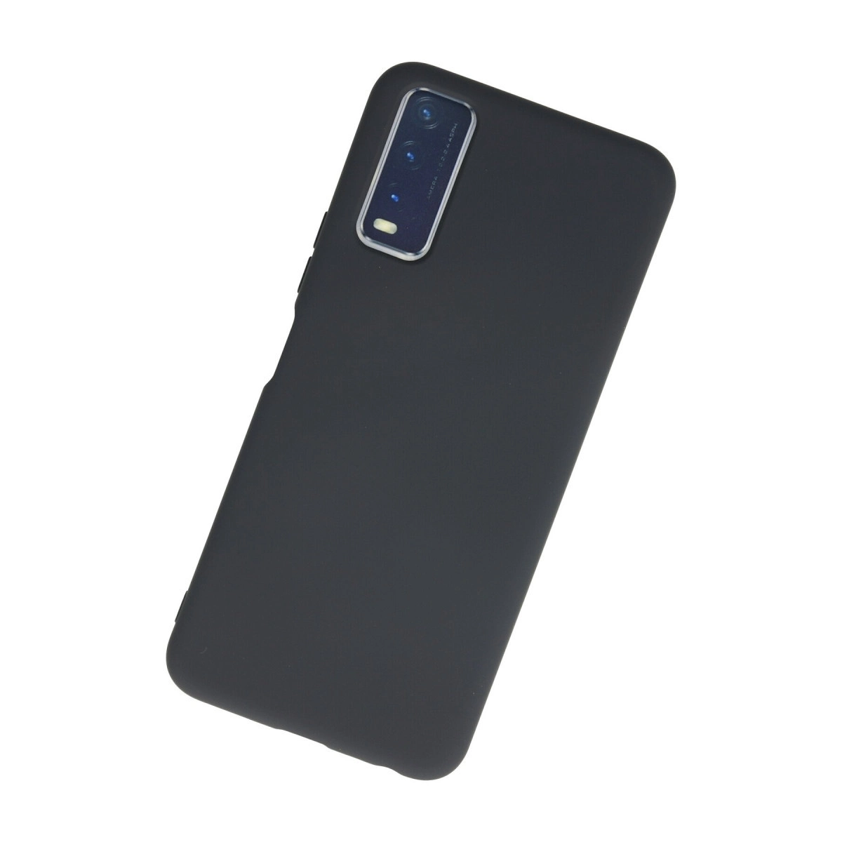 Beyaz arka plan üzerinde kamera modülüne sahip siyah bir akıllı telefon kılıfı.