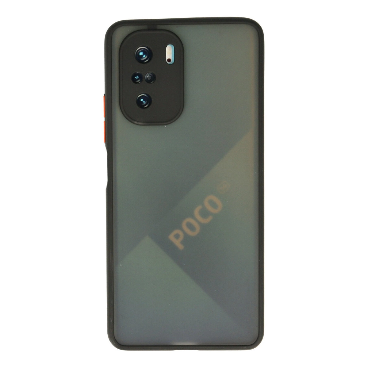 Kamera modülü ve logosu olan koyu renkli Poco akıllı telefonun arka görünümü.