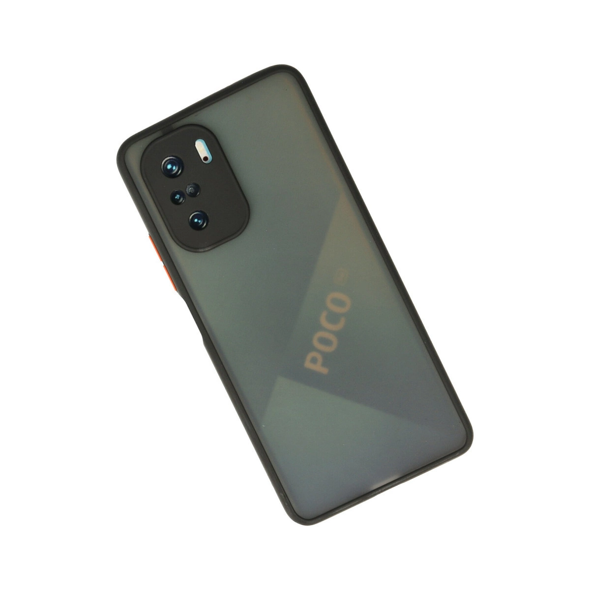POCO logosu, kamera ve flaşı olan koyu renkli telefon kılıfı.
