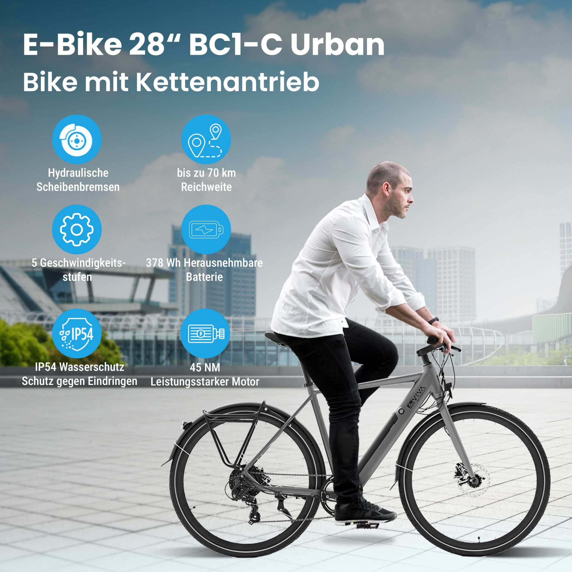 Mann fährt ein graues E-Bike mit Kettenantrieb in einer Stadt.