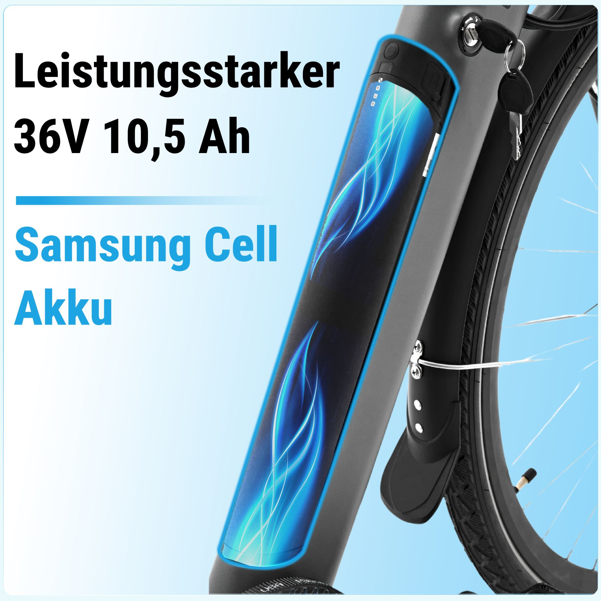 Leistungsstarker 36V 10,5 Ah Samsung Cell Akku auf Fahrradrahmen.