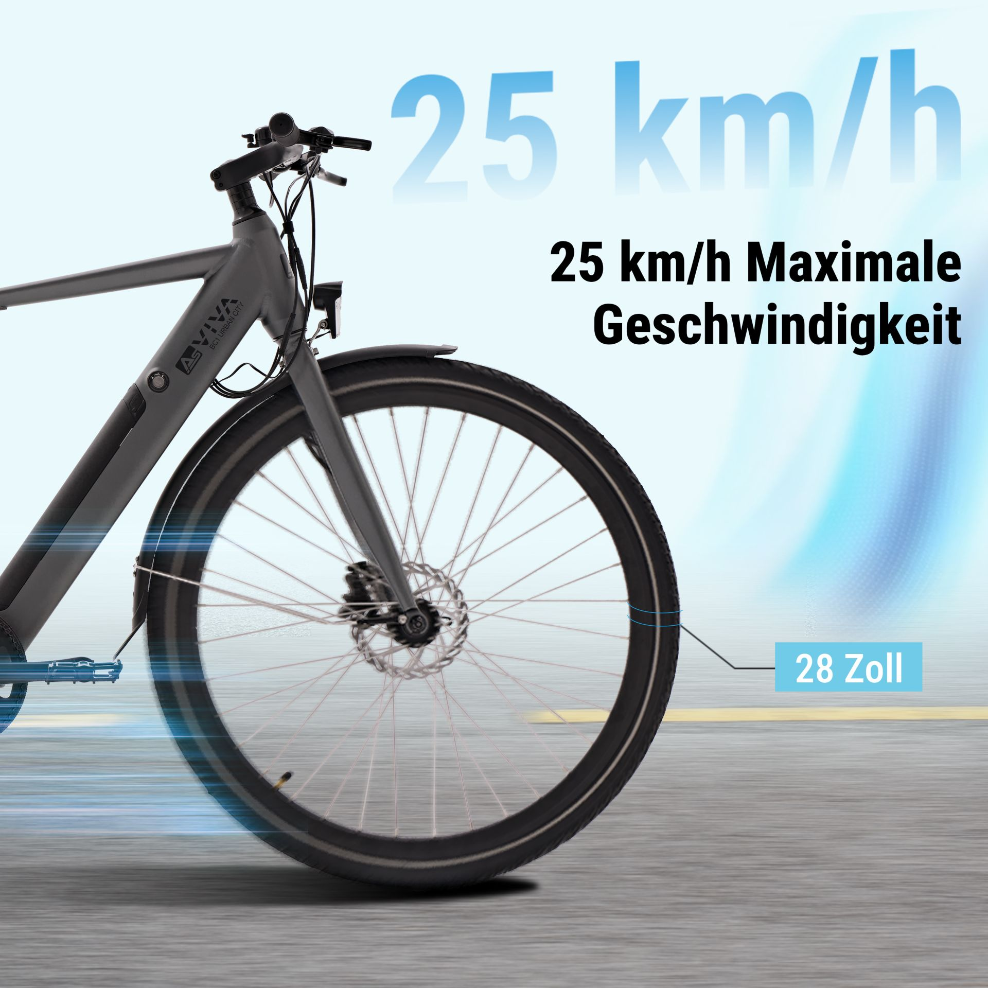 Graues E-Bike mit Schriftzug 'AVIVA BC1 URBAN CITY', 25 km/h schnell, 28 Zoll.