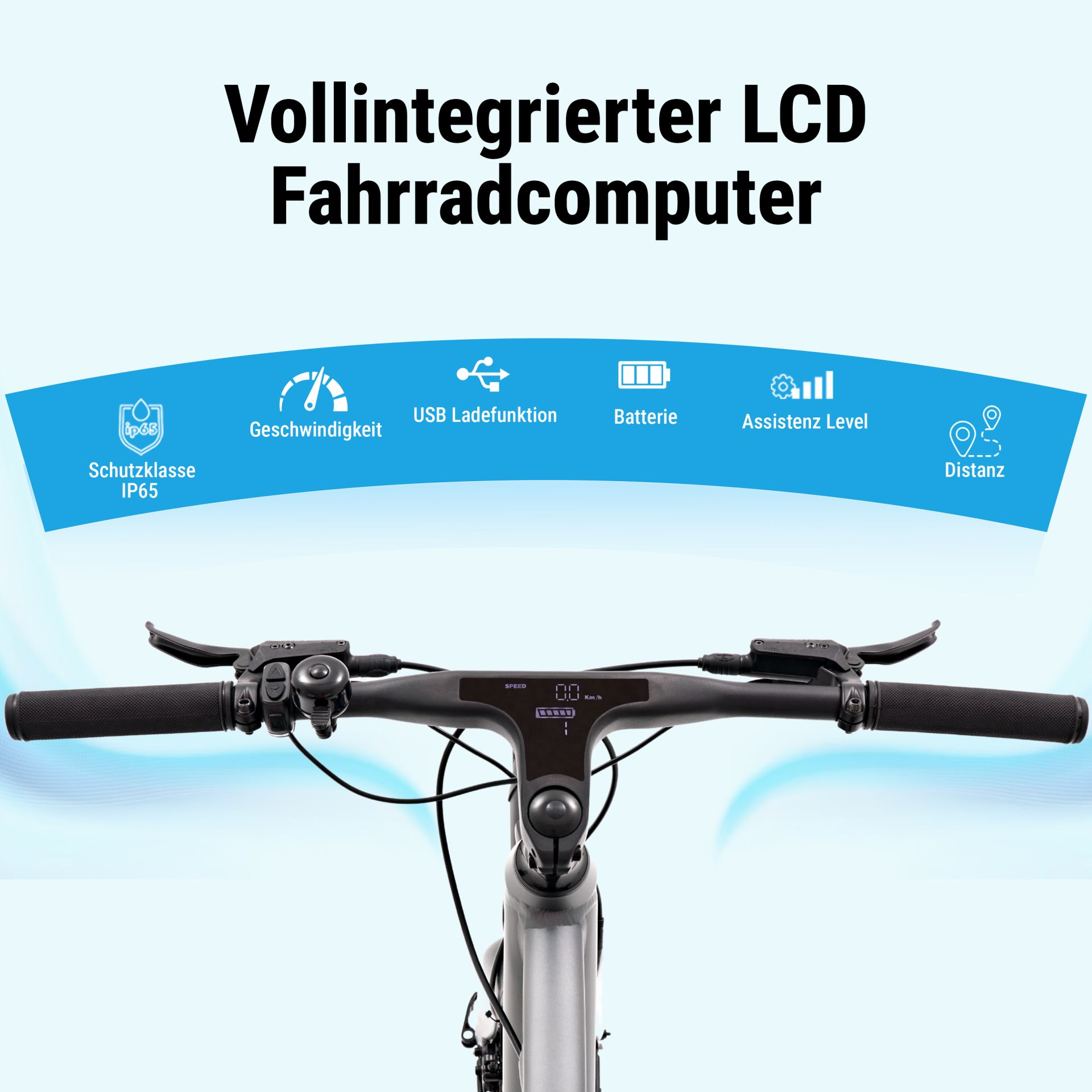 Lenker eines Fahrradcomputers mit LCD-Anzeige, Schutzklasse IP65.