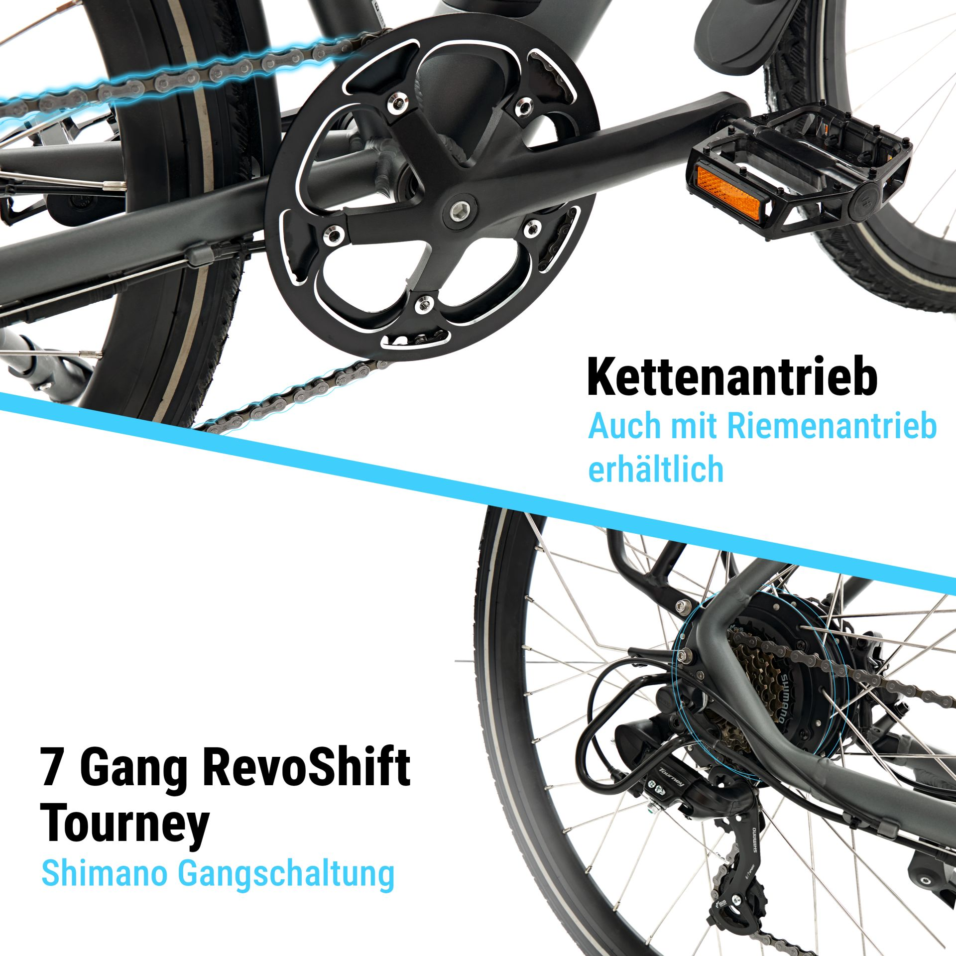 Fahrrad mit Kettenantrieb und Shimano 7-Gang-Schaltung. Auch mit Riemenantrieb.