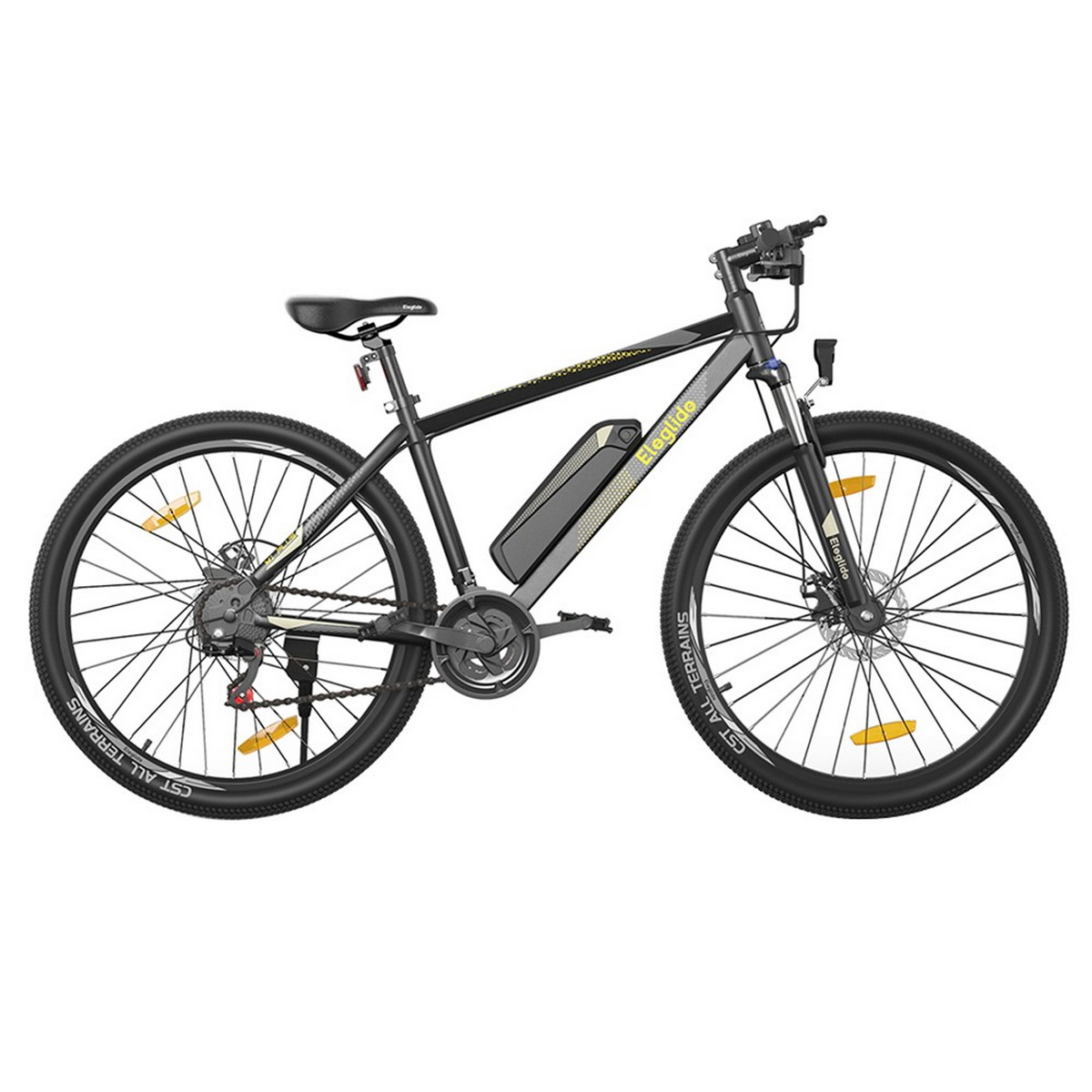 Ein schwarzes Elektrofahrrad mit gelben Akzenten und silberner Batterie.