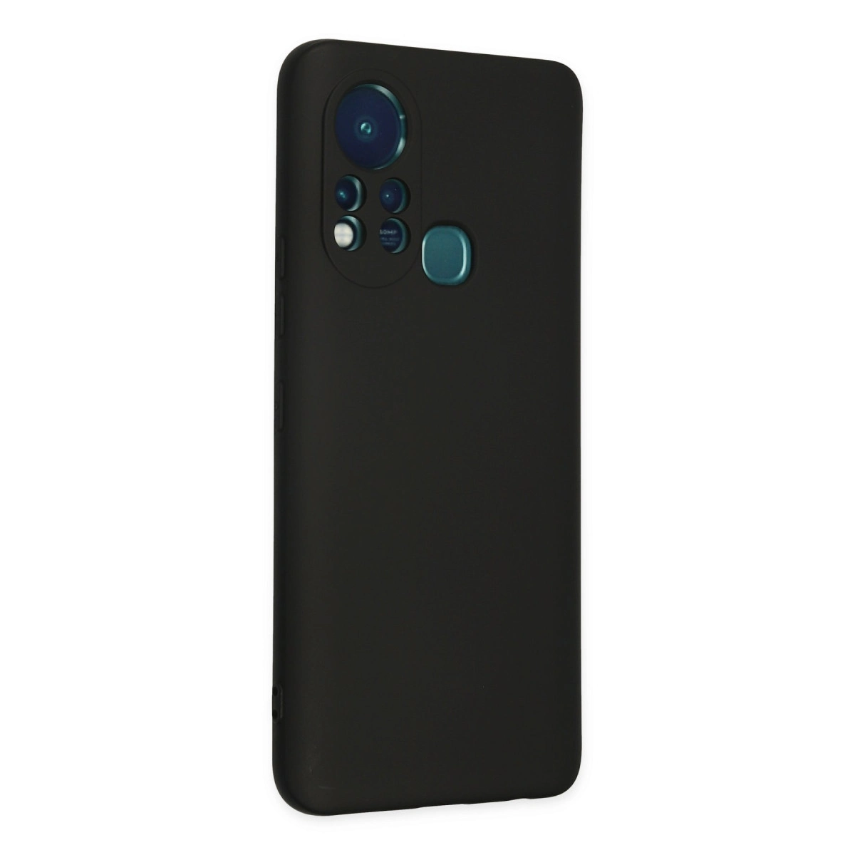 Dikdörtgen kamera modülü ve yuvarlak parmak izi sensörlü siyah bir telefon.