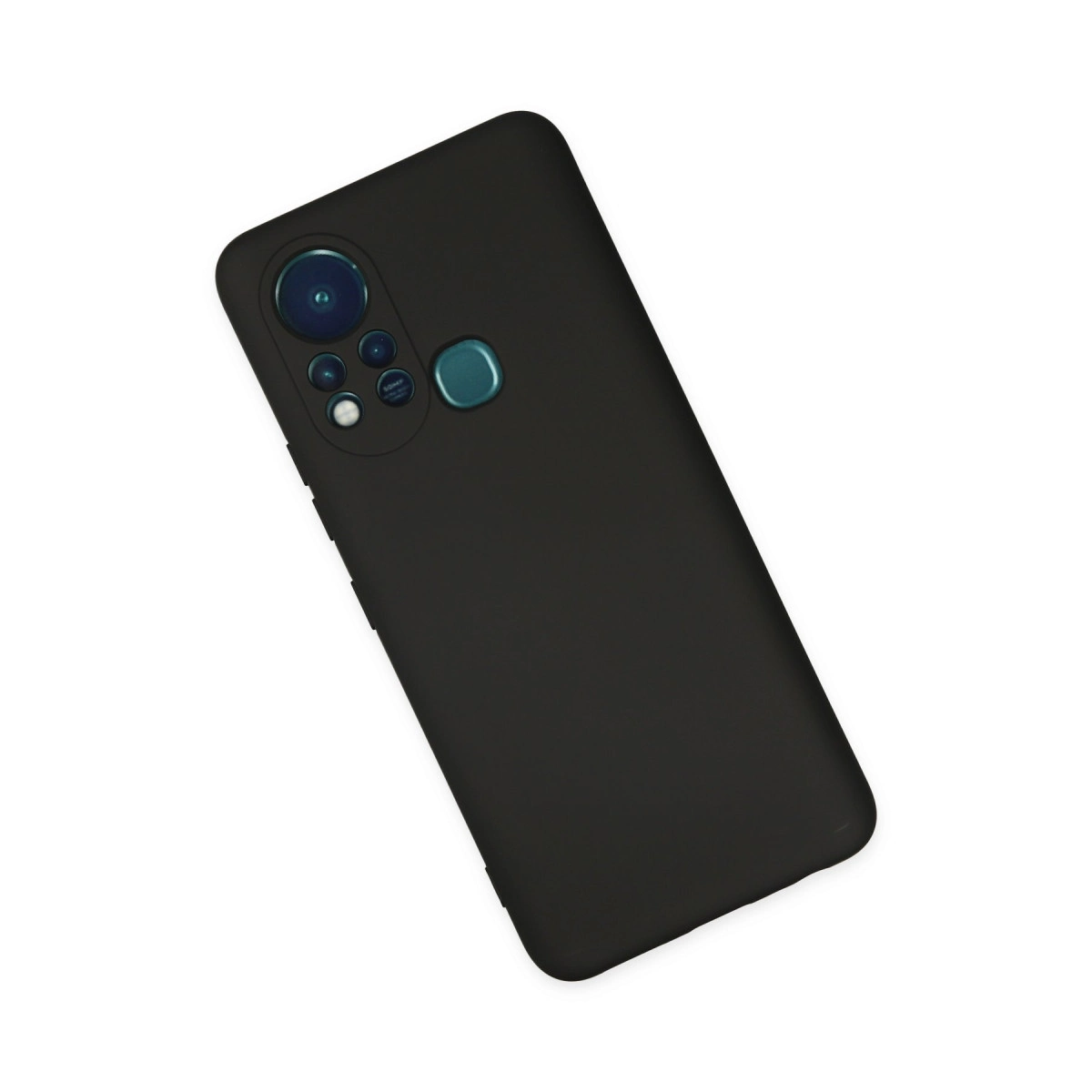 Beyaz arka plan üzerinde kamera modülü ve parmak izi sensörlü siyah akıllı telefon.