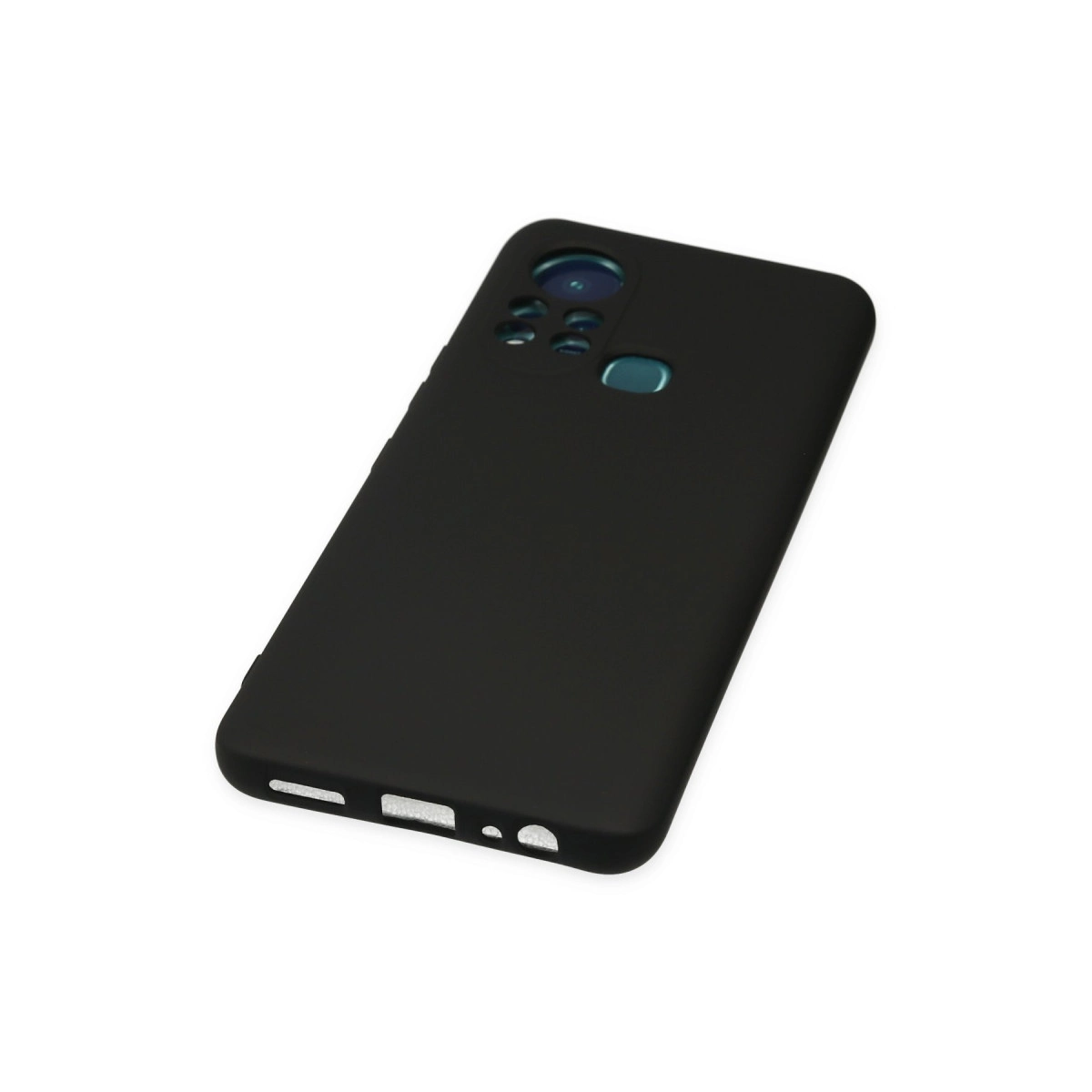 Kamera adası ve parmak izi sensörlü siyah telefon kılıfı.