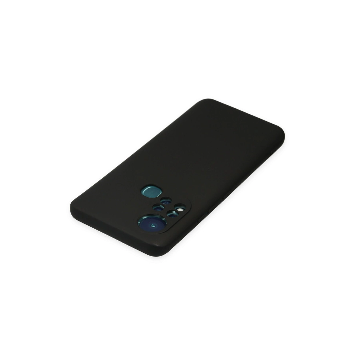 Turkuaz kamera modüllü siyah telefon kılıfı, beyaz zeminde.