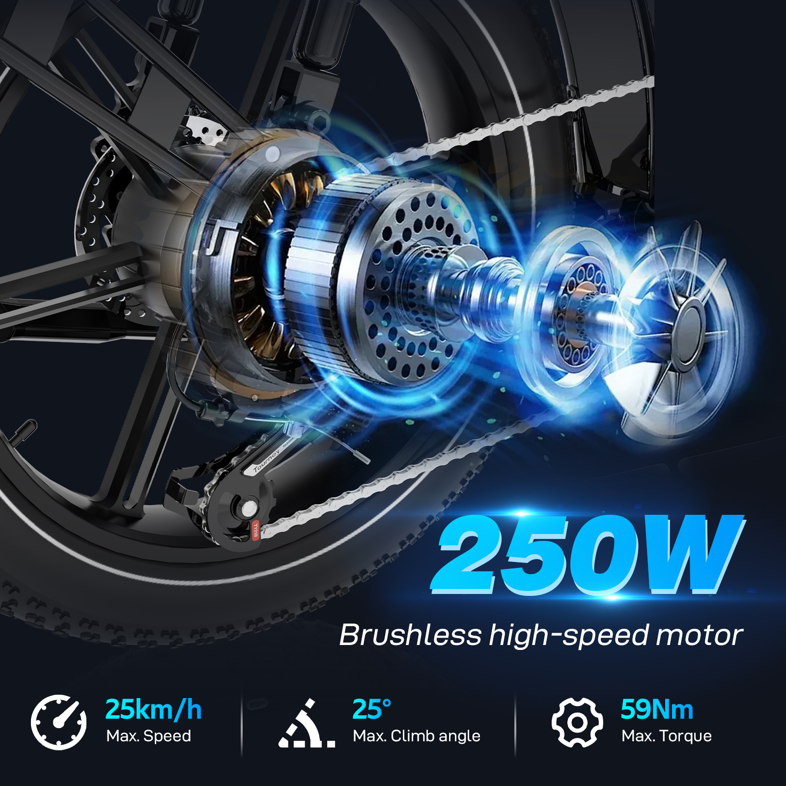 Primer plano del motor de bicicleta eléctrica, 250W, cadena y especificaciones.