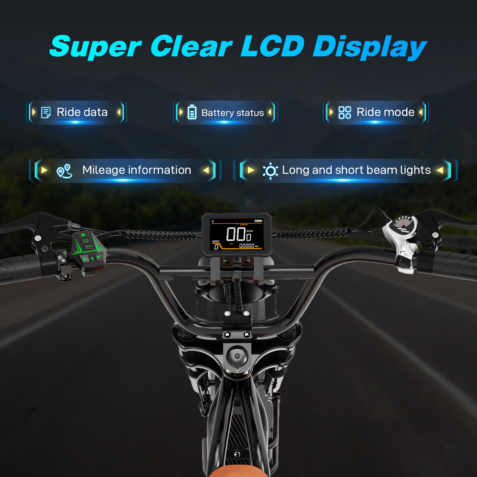 Manillar de e-bike con pantalla LCD que muestra velocidad y estado de la batería.