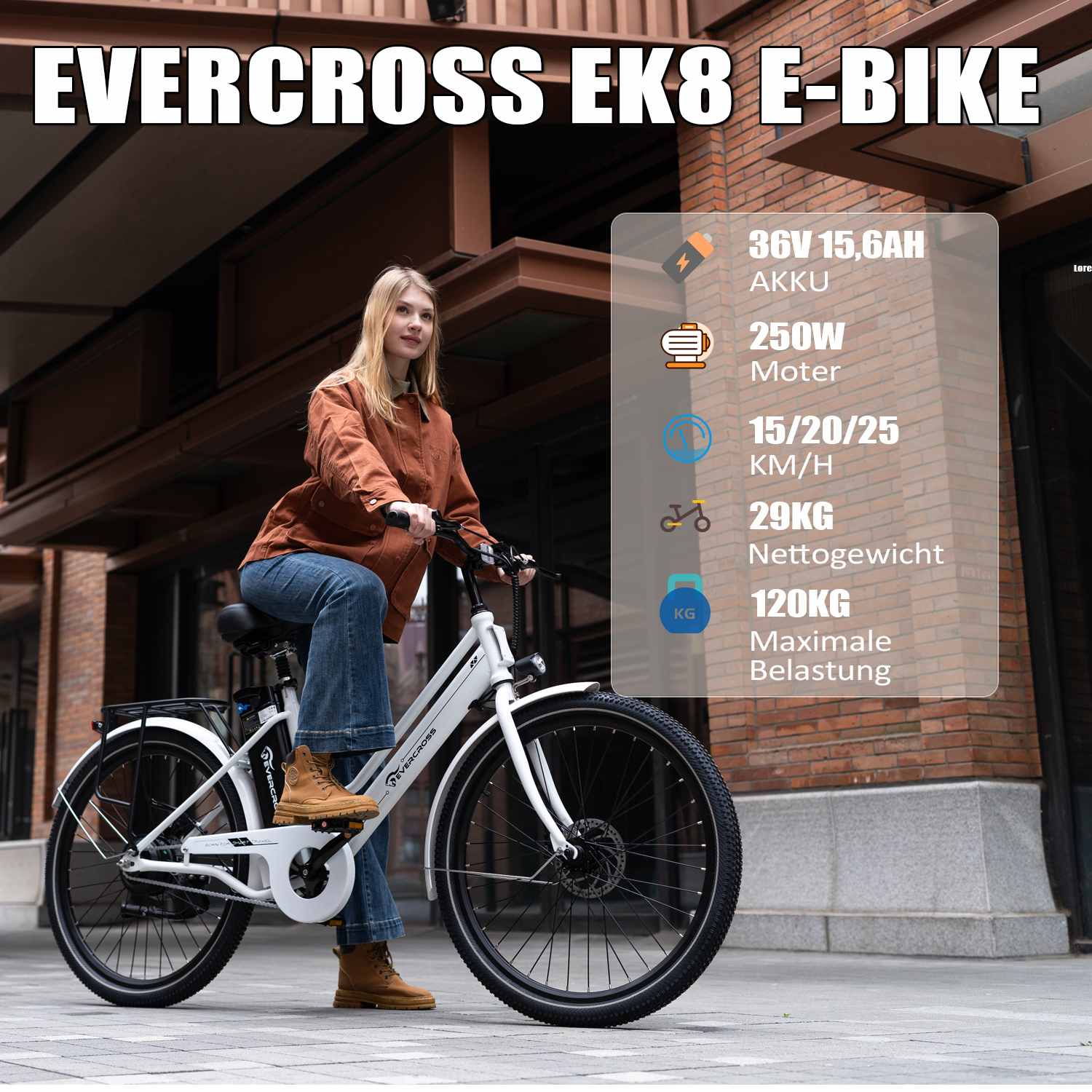 Una mujer monta una E-BIKE blanca EVERCROSS EK8, con especificaciones técnicas.