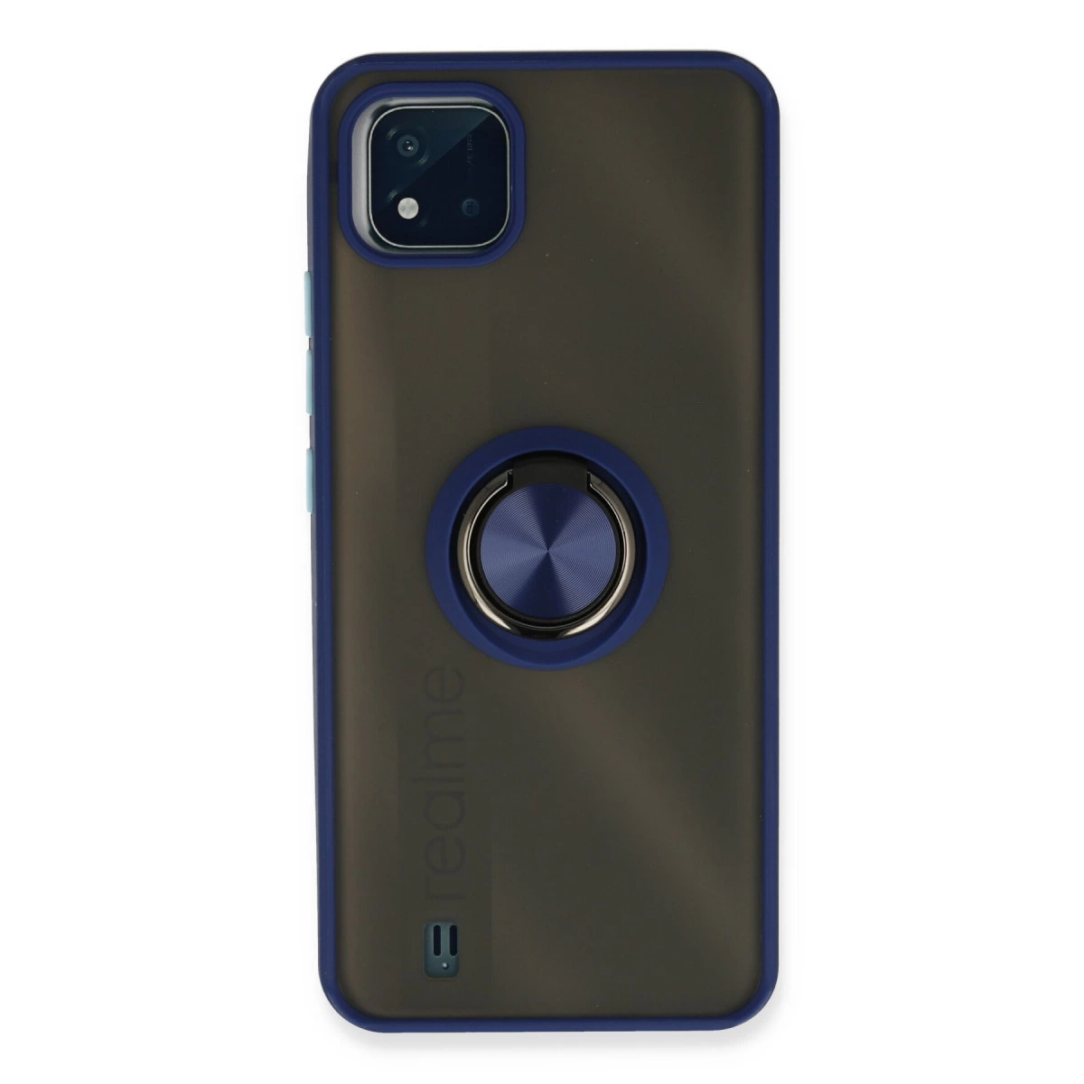 Mavi kenarlı, halka tutuculu koyu gri telefon kılıfı.