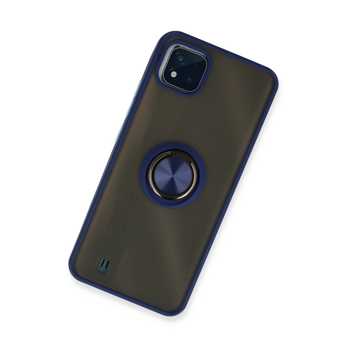 Mavi halka tutuculu ve Realme logolu koyu gri telefon kılıfı.