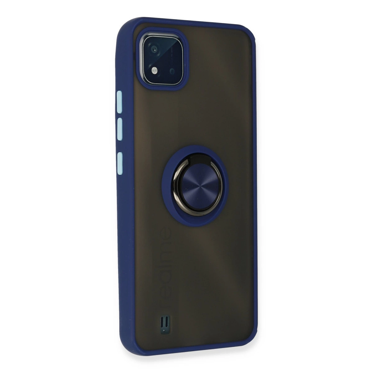 Mavi kenarlı, halka tutuculu, koyu gri telefon kılıfı ve kamera açıklığı.