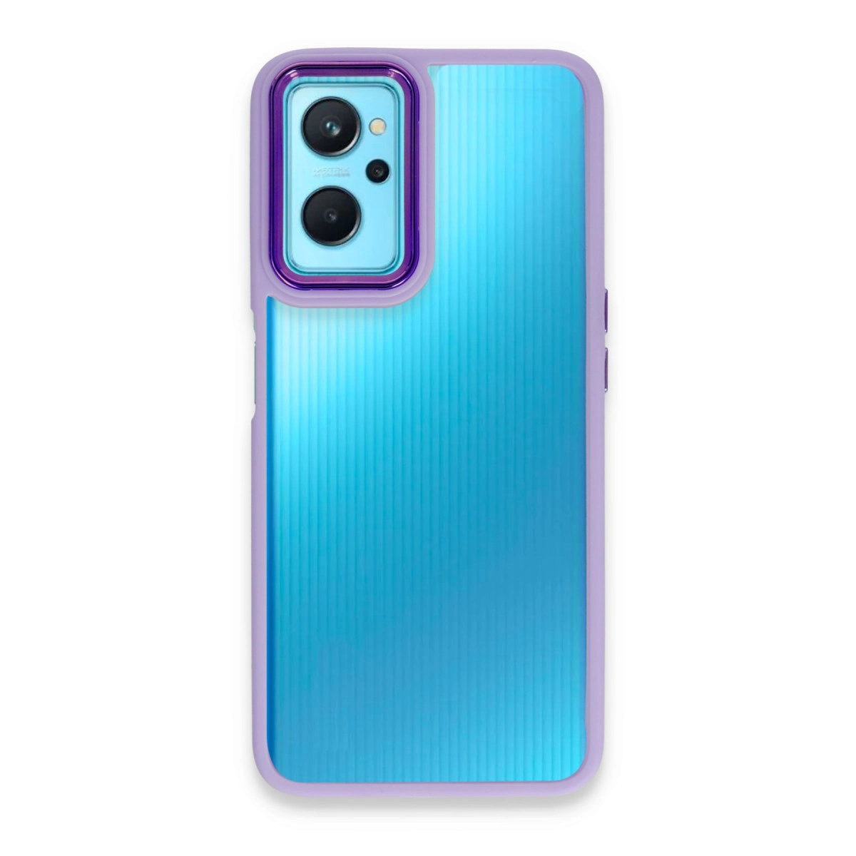 Mor çerçeveli ve kamera modüllü mavi telefon.