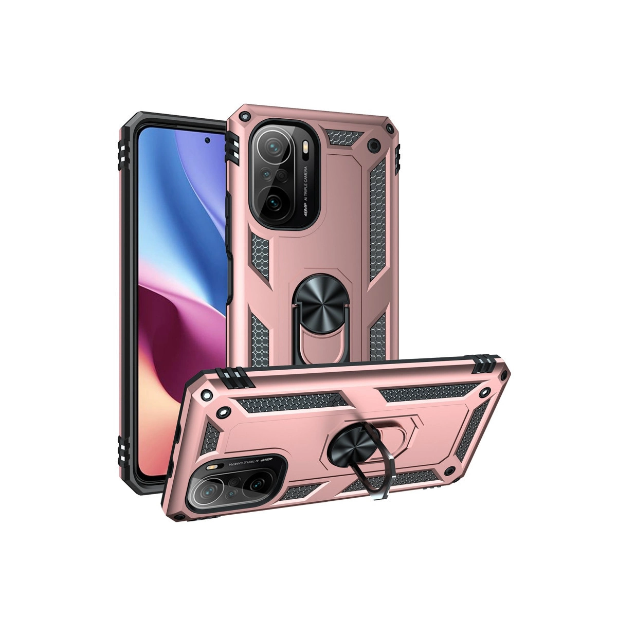 Halka tutuculu ve üçlü kameralı pembe telefon kılıfı. Beyaz arka plan üzerinde.