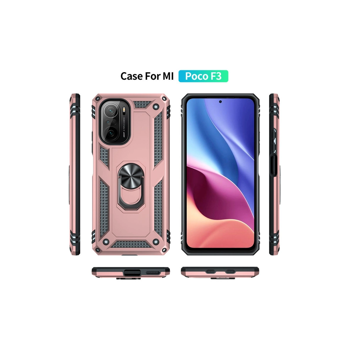 Halka tutuculu pembe Poco F3 telefon kılıfı, çeşitli açılardan gösterilmiştir.