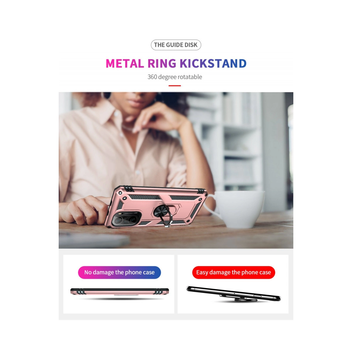 Masa üzerindeki pembe telefon kılıfı, metal halka ayaklı, kişi ve fincanlı.