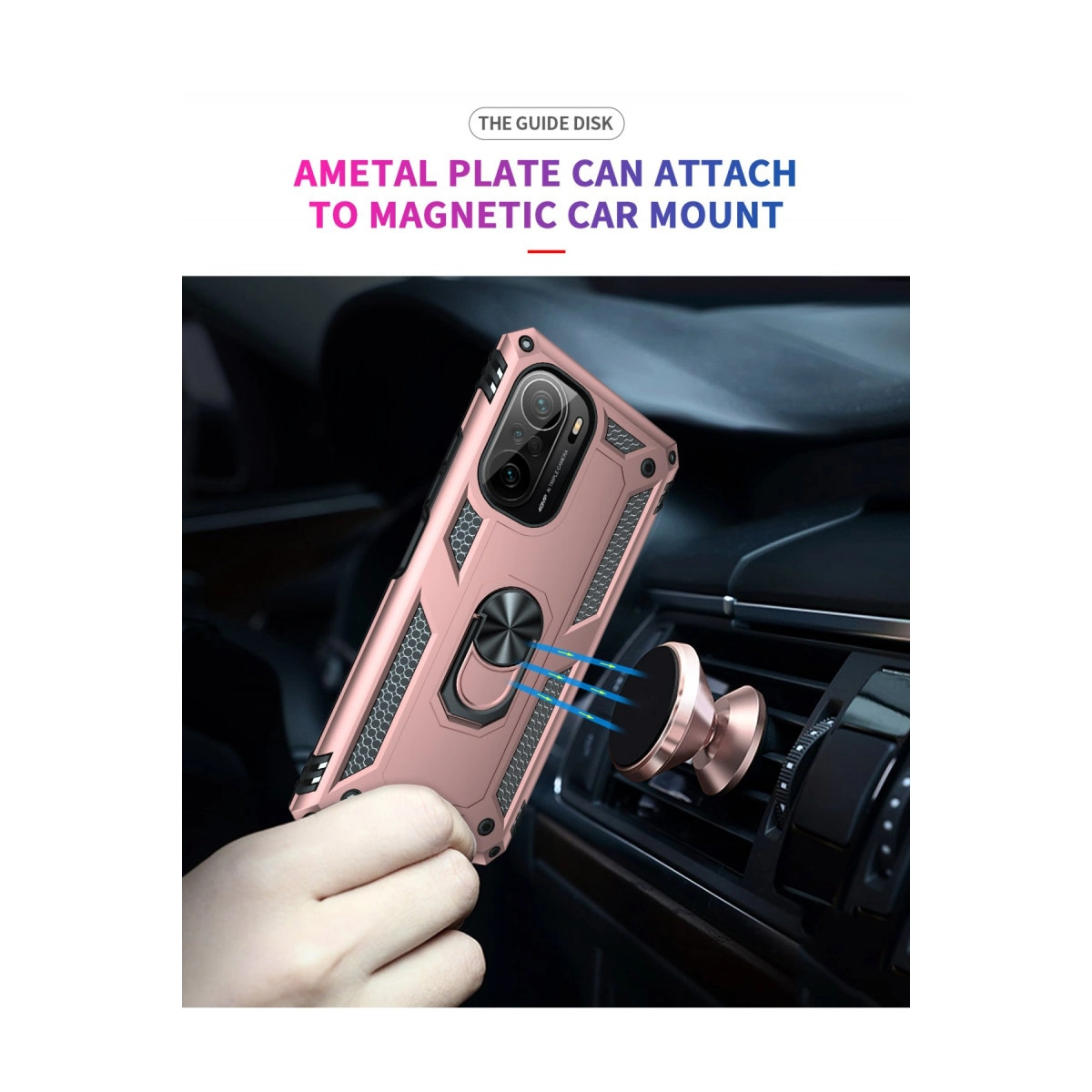 Halka tutuculu pembe telefon kılıfı, araba havalandırma montajına manyetik olarak takılır.