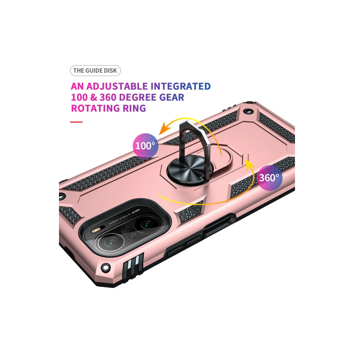 100 ve 360 derece ayarlanabilir entegre halka tutuculu, rose altın rengi telefon kılıfı.