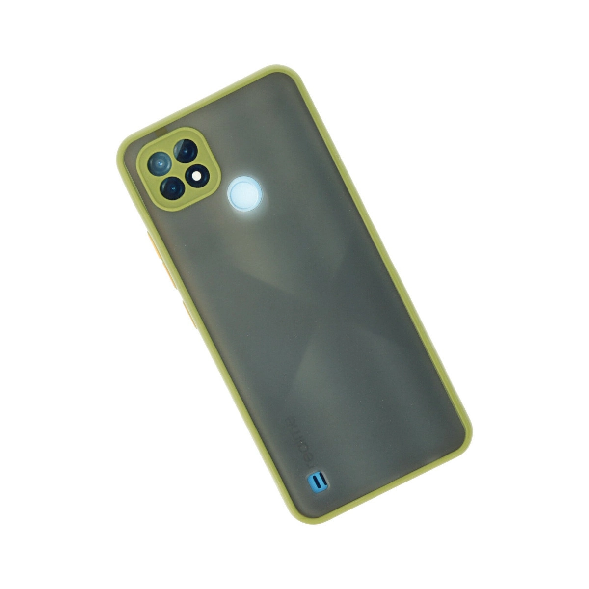 Dört kameralı ve flaşlı koyu renkli bir akıllı telefonun arkası. Sarı kenarlık.