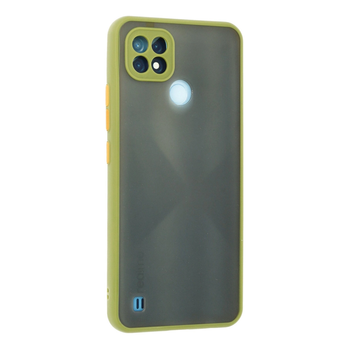 Dört kameralı, flaşlı ve logolu yeşil telefon kılıfı.
