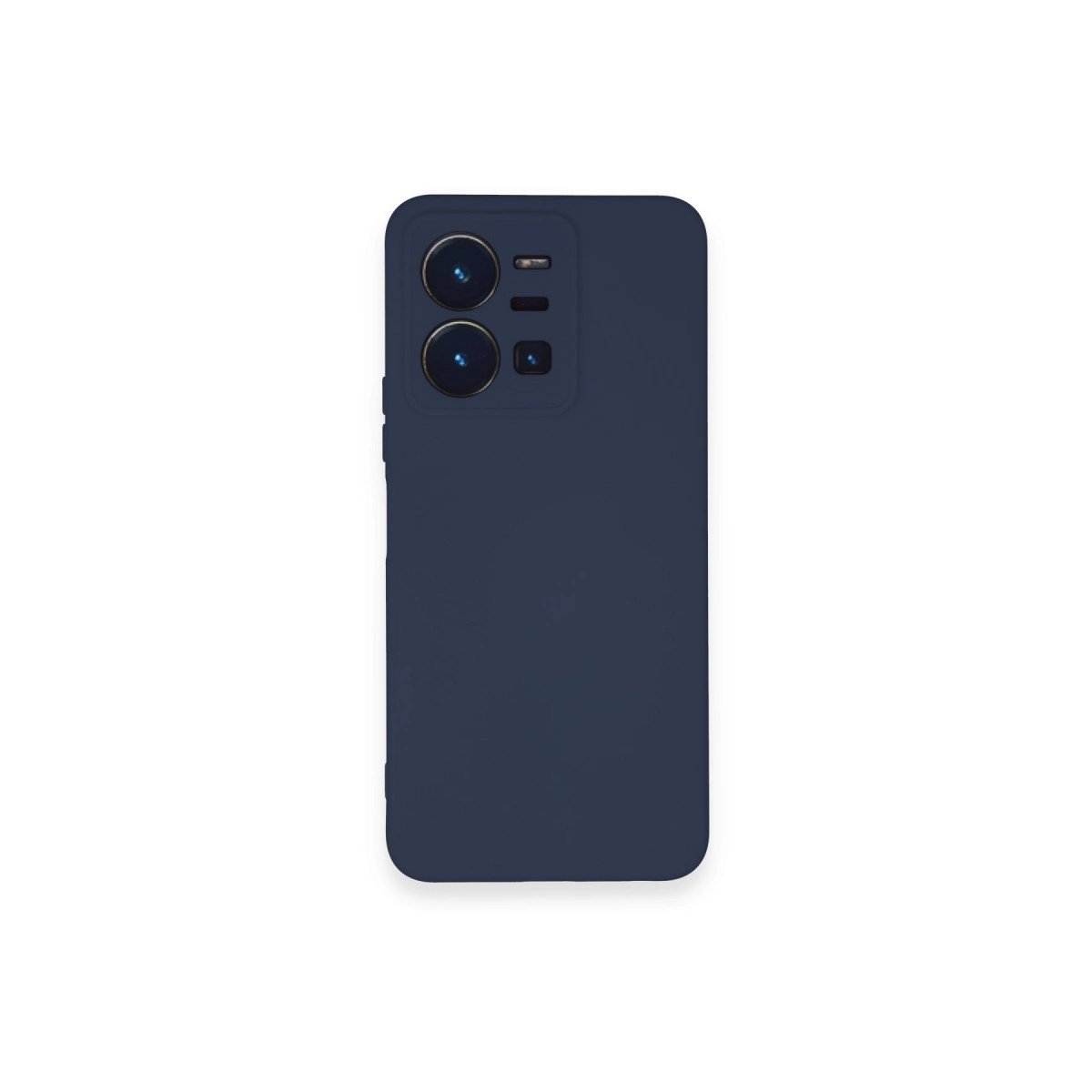 Üç kamera lensli ve flaşlı lacivert telefon kılıfı.