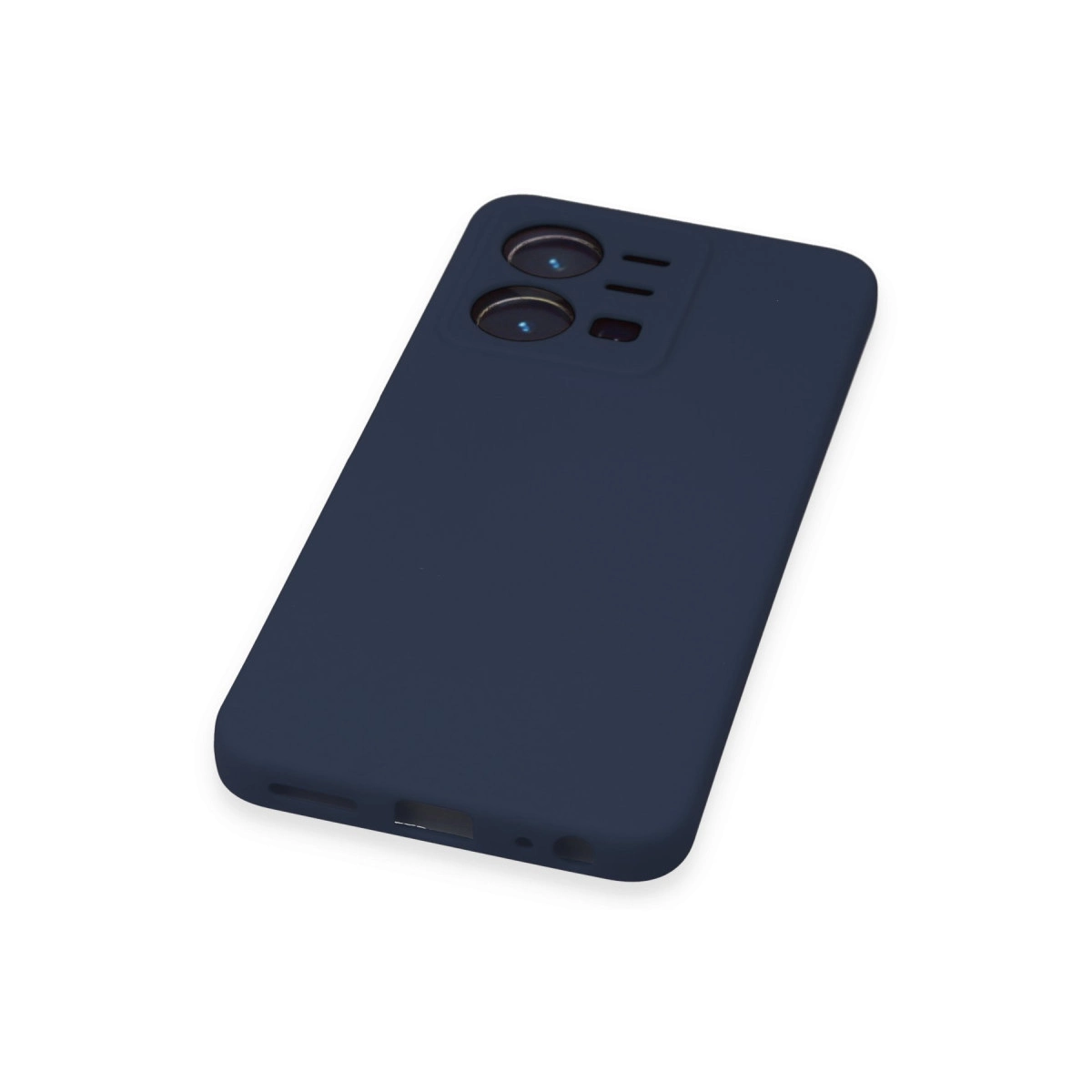 Kamera modülü ve şarj bağlantı noktasına sahip lacivert telefon kılıfı.