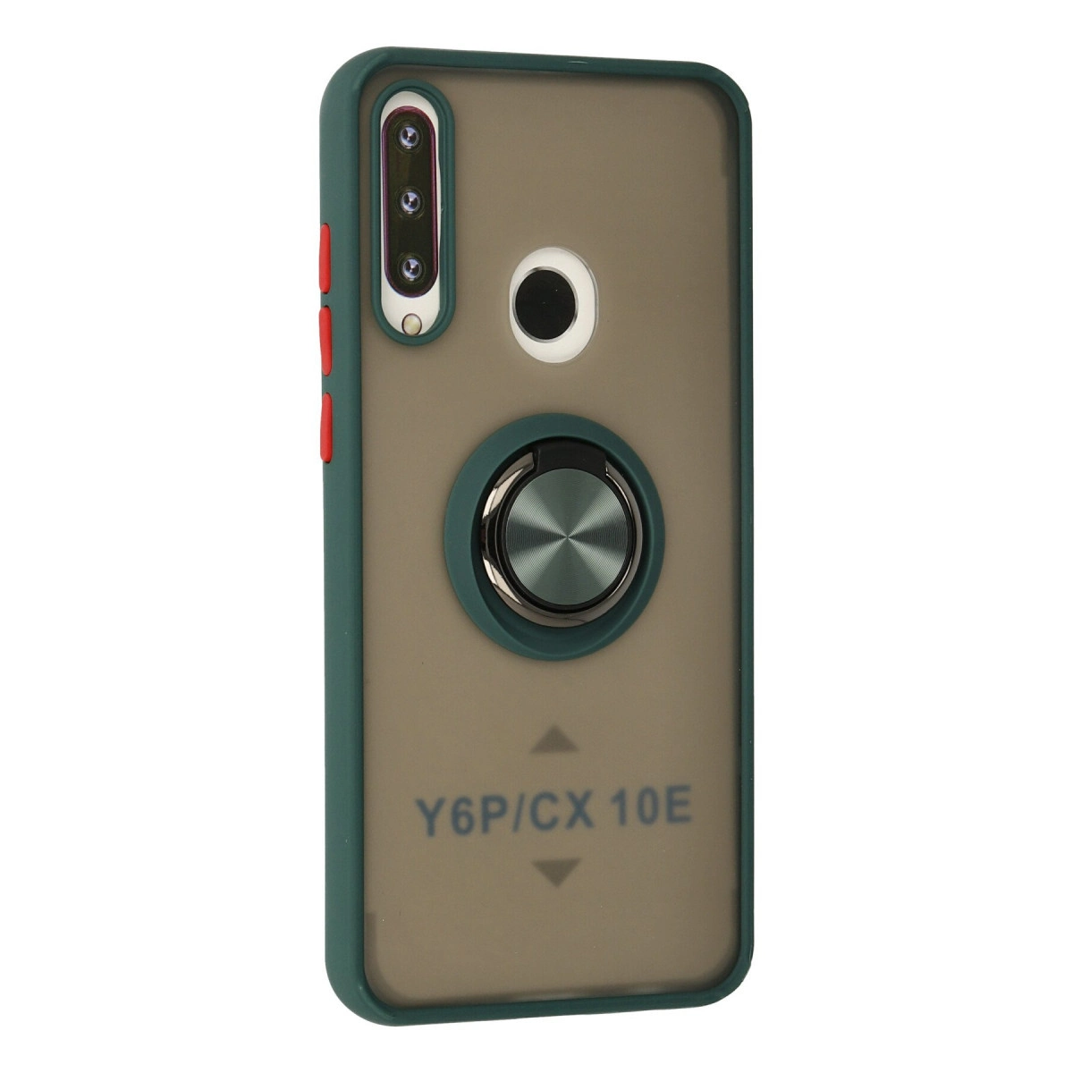 Halka tutuculu yeşil telefon kılıfı, üç kamera ve parmak izi sensörü.