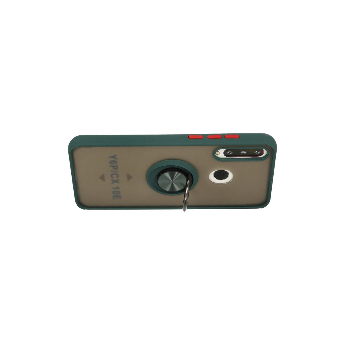 Halka tutuculu ve kırmızı düğmeli yeşil telefon kılıfı.