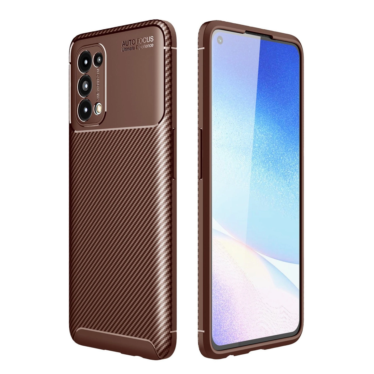 Karbon desenli kahverengi telefon kılıfı, kamera kesimli, yanında akıllı telefon.