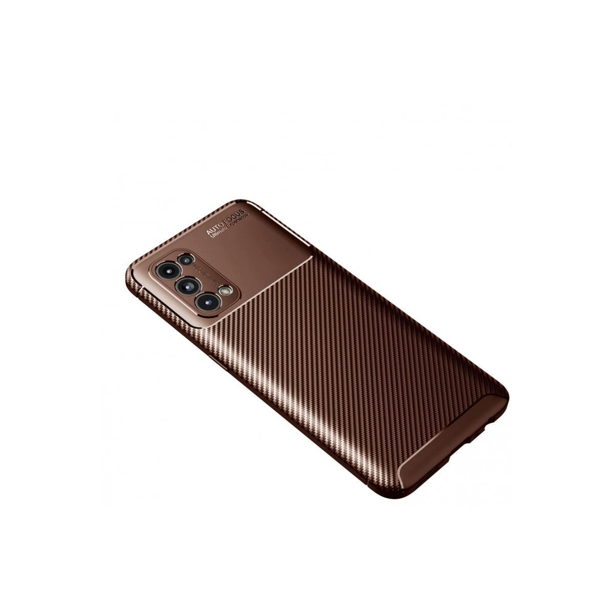 Karbon fiber dokulu kahverengi telefon kılıfı, kamera kesiği mevcut.
