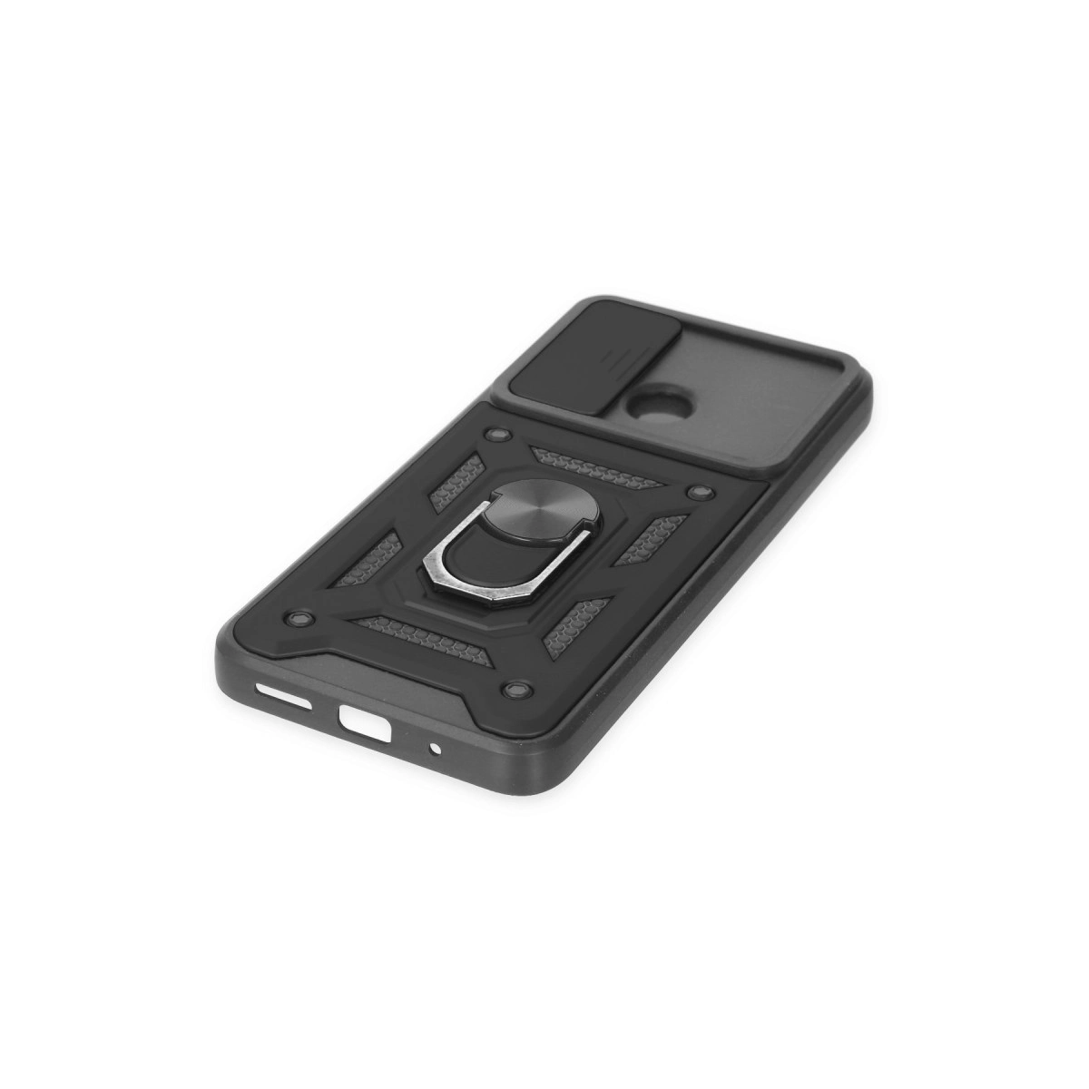 Halka tutuculu ve kaydırılabilir kamera bölmeli siyah telefon kılıfı.