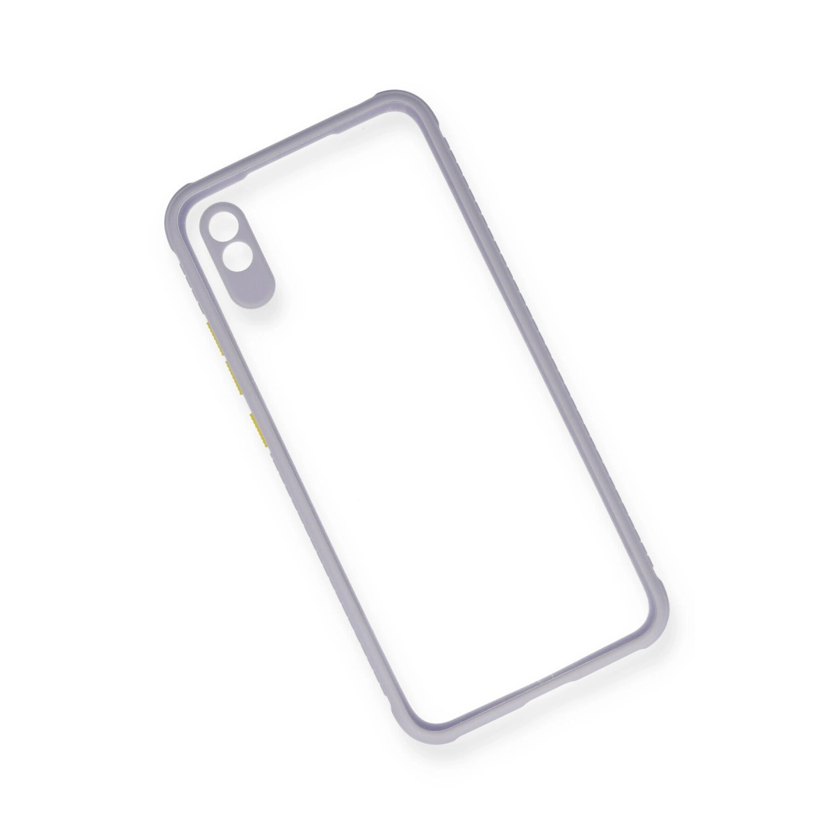 Lila kenarlı ve kamera kesimli şeffaf telefon kılıfı.