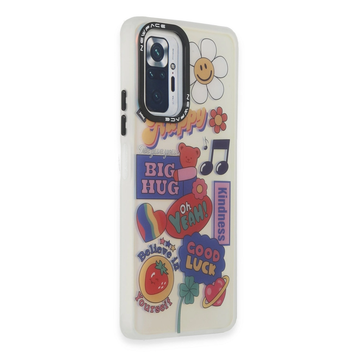 Çıkartmalarla telefon kılıfı: güneş, ayı, kalp, müzik notaları, çilek.