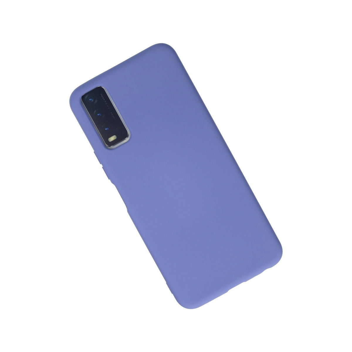 Beyaz arka plan üzerinde mor telefon kılıfı. Kamera sol üstte.