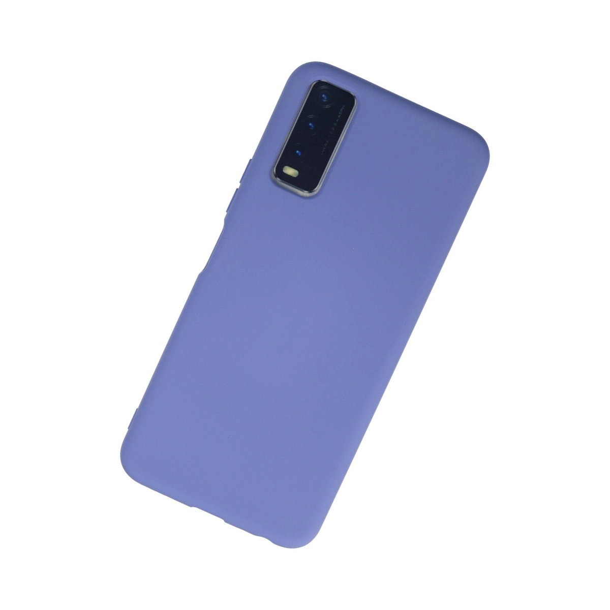 Arkada üç lensli kamera kesiği olan mor telefon kılıfı.