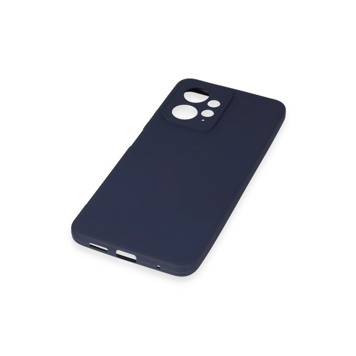 Koyu mavi telefon kılıfı, kamera ve bağlantı noktası kesikleriyle.