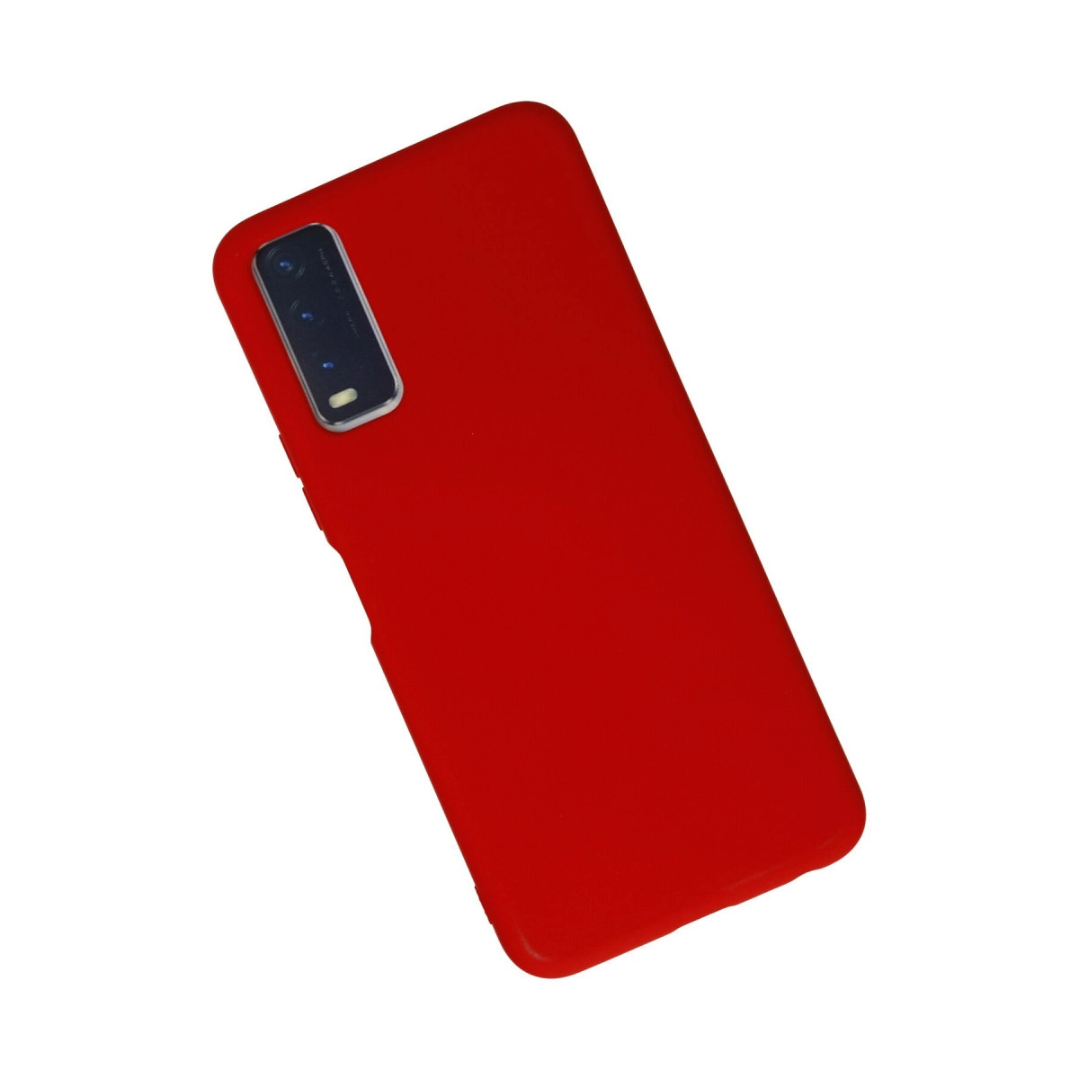 Beyaz arka plan üzerinde kamera oyuntulu kırmızı telefon kılıfı.