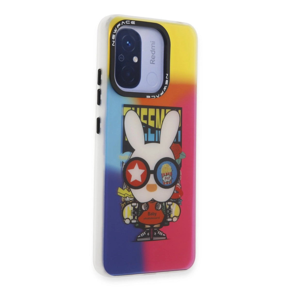Renkli telefon kılıfı çizgi film tavşan, güneş gözlüğü, patlamış mısır, kaykay.