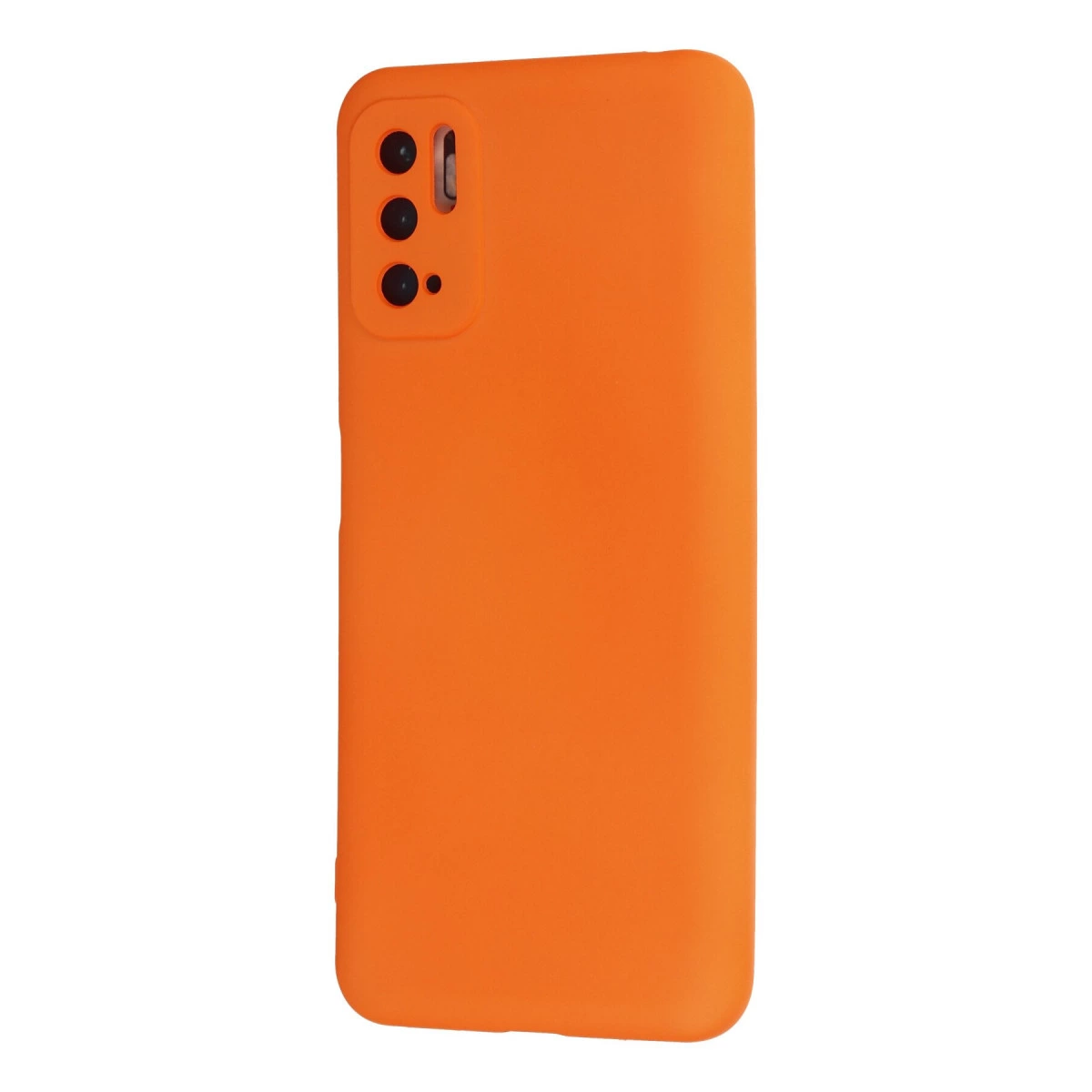 Arkada üç kamera lensi olan turuncu telefon kılıfı.
