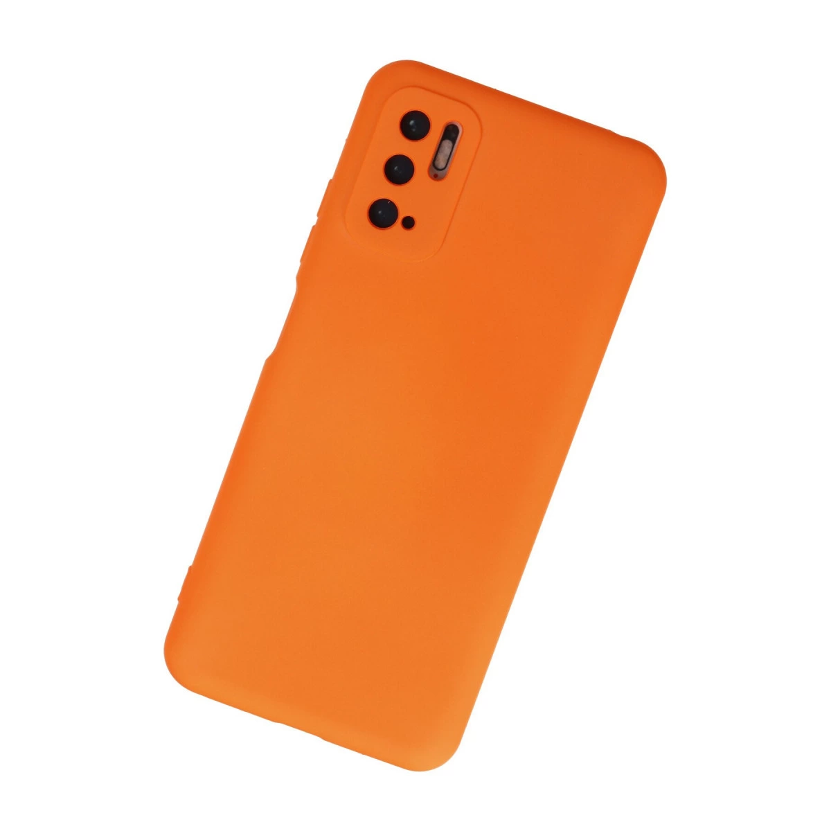 Beyaz arka plan üzerinde turuncu telefon kılıfı, kamera kesiği.