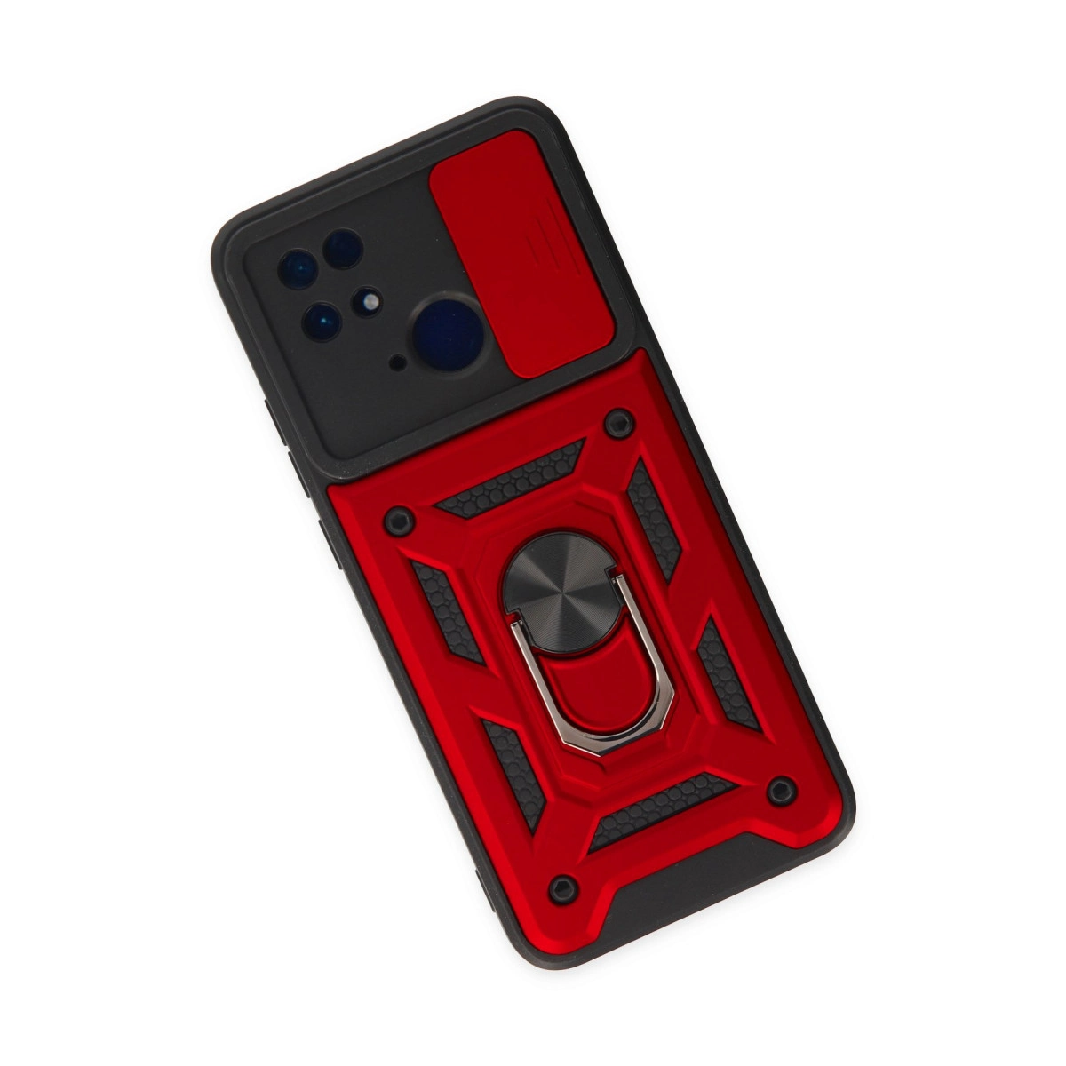 Halka tutuculu ve kamera kapaklı kırmızı ve siyah telefon kılıfı.